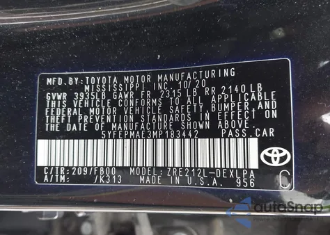 2021 Toyota Corolla Le из США, поврежденный, VIN 5YFEPMAE3MP183442